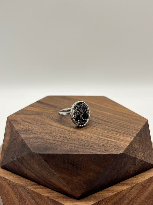 Black Tourmaline Tree of Life Ring — Adjustable